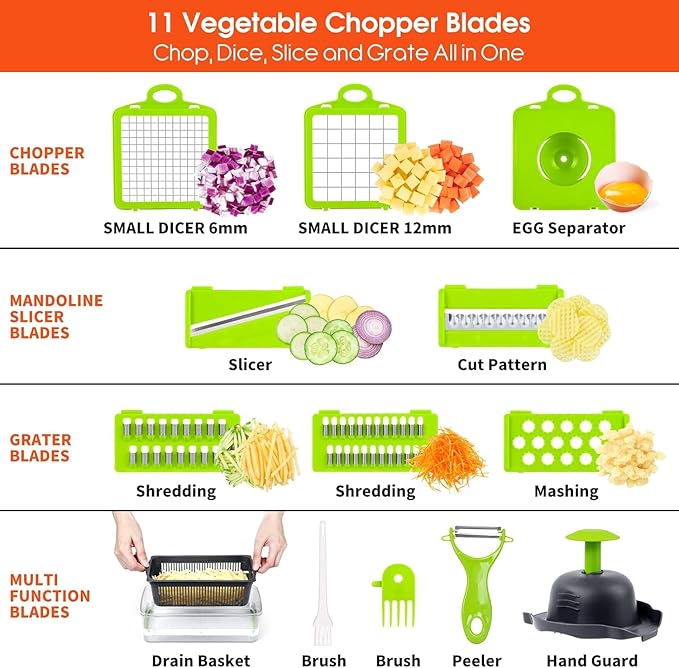 Vegetable Chopper, Pro Onion Chopper, 14 in 1Multifunctional Food Chopper, Kitchen Vegetable Slicer Dicer Cutter,Veggie Chopper With 8 Blades,Carrot and Garlic With Container (Gray) (Gray)