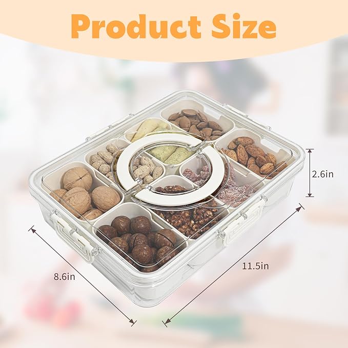 Divided Serving Tray with Lid and Handle,8 Compartments Snacks Box,Snack Fruit Tray,Veggie Tray,Portable Platter for Candy Fruits Nuts Snack Party Entertaining Picnic(2 PCS)