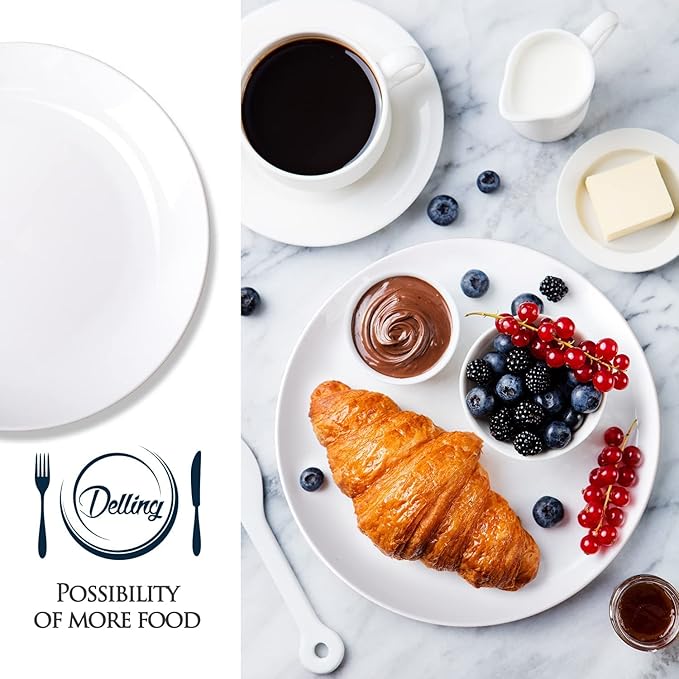 DELLING 10 inch White Dinner Plates Set, Porcelain Dessert/Salad Plate, Serving Dishes, Dinnerware Sets, Scratch Resistant, Microwave, Oven, and Dishwasher Safe - Set of 4