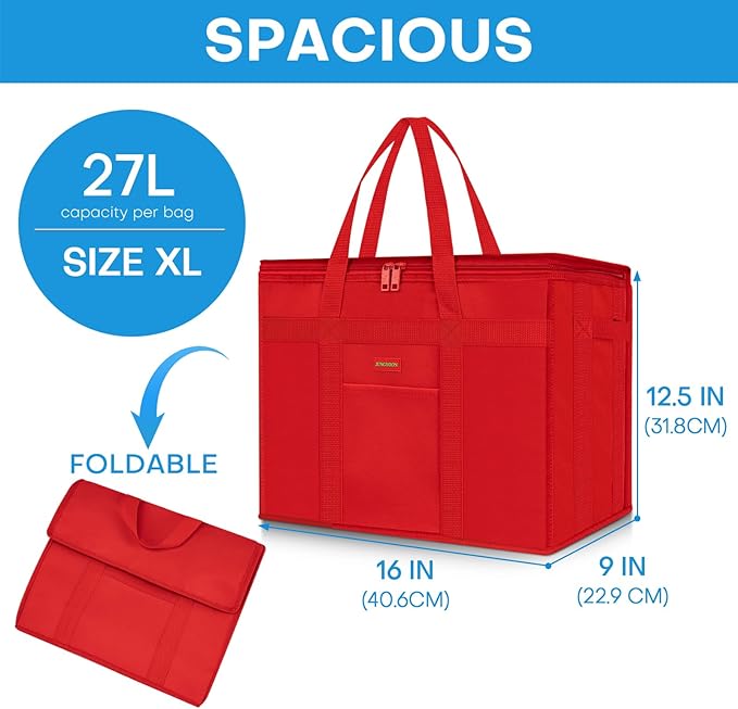 JUNGYOON 2-Pack Heavy-Duty Insulated Grocery Bags & Food Delivery Bag – Collapsible Cooler Bag with Zippered Top | Reusable Shopping Bags for Groceries, Picnics, Easy Storage(XL Red)