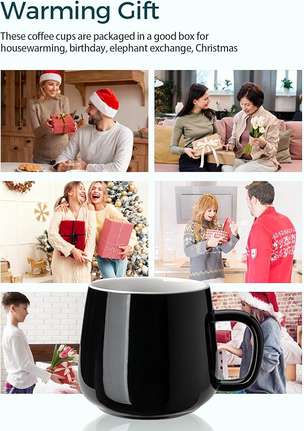 Teocera Ceramic Coffee Mug Set of 4-12 oz Coffee Mugs with Large Handles for Hot or Cold Drinks Like Latte, Cocoa, Tea or Juice - Smooth Ceramic, Dishwasher Safe，Black