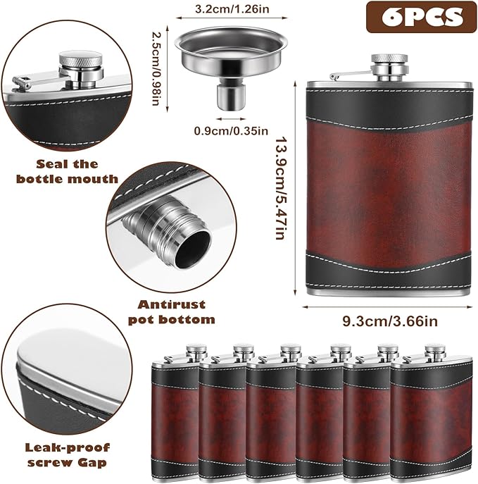 6 Pcs 8 oz Leather Hip Flasks for Liquor for Men Leak Proof Stainless Steel Drinking Flasks Bulk Soft Wrap Whiskey Flask with Funnel for Wedding Bridesmaid Christmas Gifts, Leather Brown