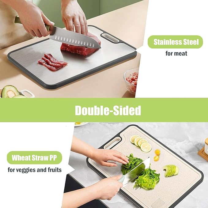 Titanium Cutting Board,Double Sided Steel Cutting Boards for kitchen,Stainless Steel/Wheat straw pp Board for meat,non toxic Chopping,15 * 10 Inch,Dishwasher Safe