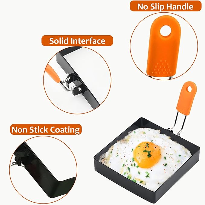 Square Egg Ring for Frying - 2 Pcs 4 Inch Egg Pancake Cooking Rings, Non Stick Stainless Steel Omelet Maker for Griddle Breakfast Sandwiches, Crumpet
