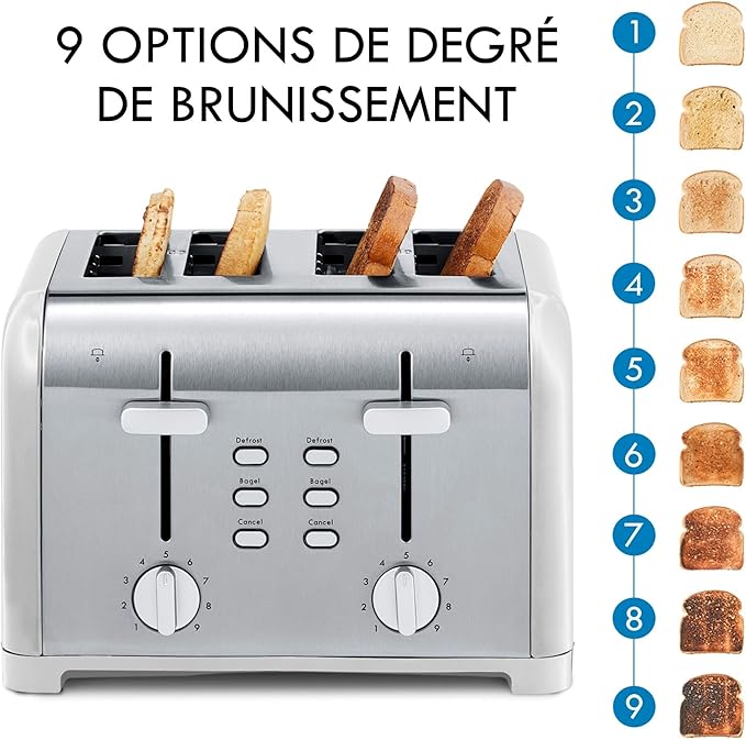 Kenmore Toaster 4 Slice - Extra Wide Slot Countertop Kitchen Appliance, Defrost Function, Grille-Pain, 9 Shade Settings, Compact Design, Easy Clean Crumb Tray, Bread Bagel, Stainless Steel & White