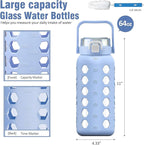 MUKOKO Half Gallon/64 oz Glass Water Bottles with Straw and Lid,Motivational Water Jug with Time Marker Reminder and Silicone Sleeve,100% Leakproof BPA Free Fitness Sports Large Bottle-Light Blue