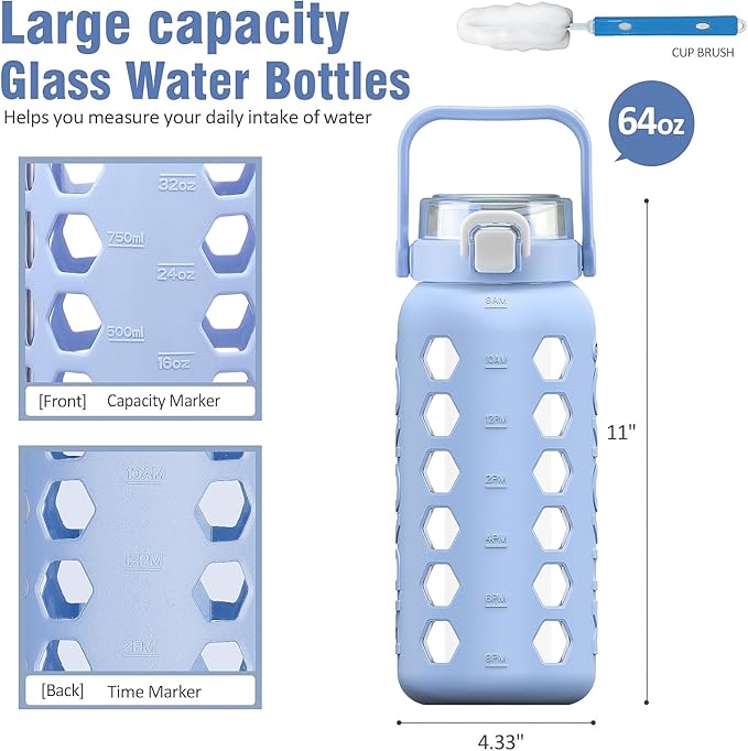 MUKOKO Half Gallon/64 oz Glass Water Bottles with Straw and Lid,Motivational Water Jug with Time Marker Reminder and Silicone Sleeve,100% Leakproof BPA Free Fitness Sports Large Bottle-Light Blue