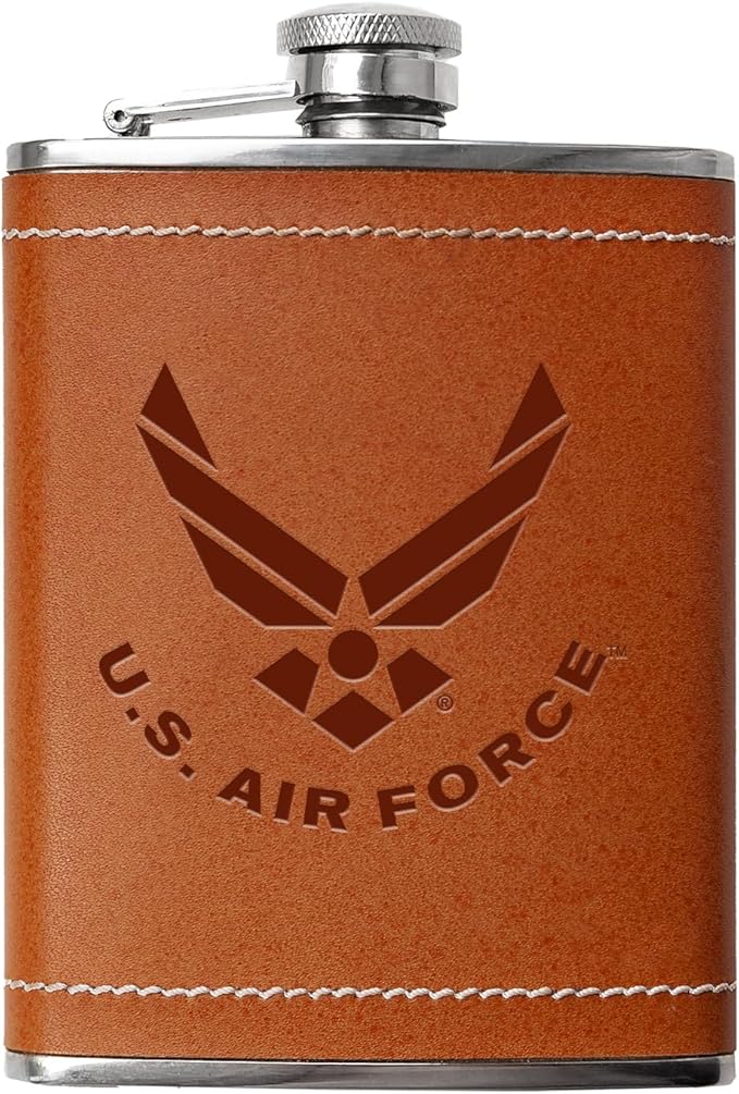 Leather Wrapped 8 oz Air Force Flask | Stainless Steel USAF Hip Flask – Tobacco Brown, US Air Force Gifts | Disabled USMC Vet Owned SMALL Business