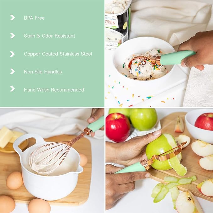 COOK WITH COLOR Kitchen Gadget Set Copper Plated Stainless Steel Utensils with Soft Touch Handles, Copper Mint, 7 Pieces