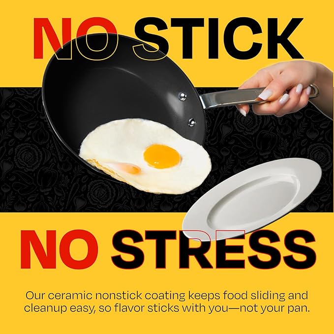 Guy Fieri's Flavortown 2-Piece Ceramic Cookware Set, Nonstick Frying Pan Set 10" and 12", Easy-Clean Kitchen Cookware, Made without PFAS PTFE PFOA, Induction Compatible, Oven & Dishwasher Safe, Black