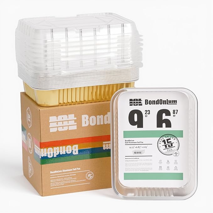 Aluminum Foil Pans with Lids,Heavy Duty Aluminum Pan, Disposable Aluminum Pans,Gold Foil Pans, Deep Container for Heating,Baking,Cooking,BBQs,Parties,Storing,Catering (40.5oz 15 Pack w/Lids)