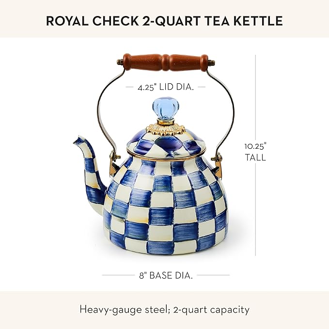 MACKENZIE-CHILDS Enamel Tea Kettle, Stylish Tea Kettle for Stovetop, Blue-and-White Royal Check, 2 Quarts