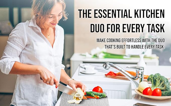 Titanium Cutting Boards and Stainless Steel Knifes for Kitchen, Upgrade Double Sided Food-Grade Titanium Board and Knife set for Meats, Fruits, & Vegetables.