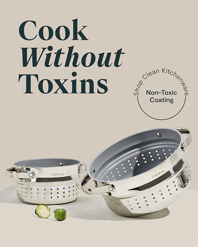 Caraway Steamer - Stainless Steel Steamer with Handles - Non Stick, Non Toxic Coating - Steam Veggies, Seafood, and More - Compatible With Our Dutch Oven or Sauce Pan - Small