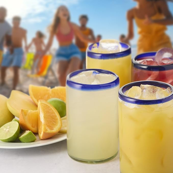 Corazón Bonito Handblown Mexican Glasses Set of 6, Blue Cobalt Rim Drinking Glasses, Artisan Crafted Glassware (17 oz each)