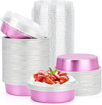 Beasea Disposable Mini Pans with Lids, 100 Pack 4” 8oz Pink Aluminum Baking Pie Foil Tins Small Round Tart Cups Containers for Individual Cupcake Muffin Cheesecake Dessert Ramekins Quiche Oven Dishes