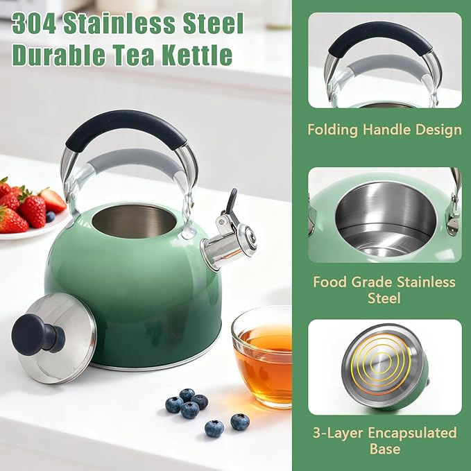 Tea Kettle Stovetop,Stainless Steel Whistling Tea Kettle For Stove Top, 2.5 Qt Tea Pot With Folding Handle, Food Grade Water Teapot Water Kettle For Stove Home Camping Travel,Gradient Green
