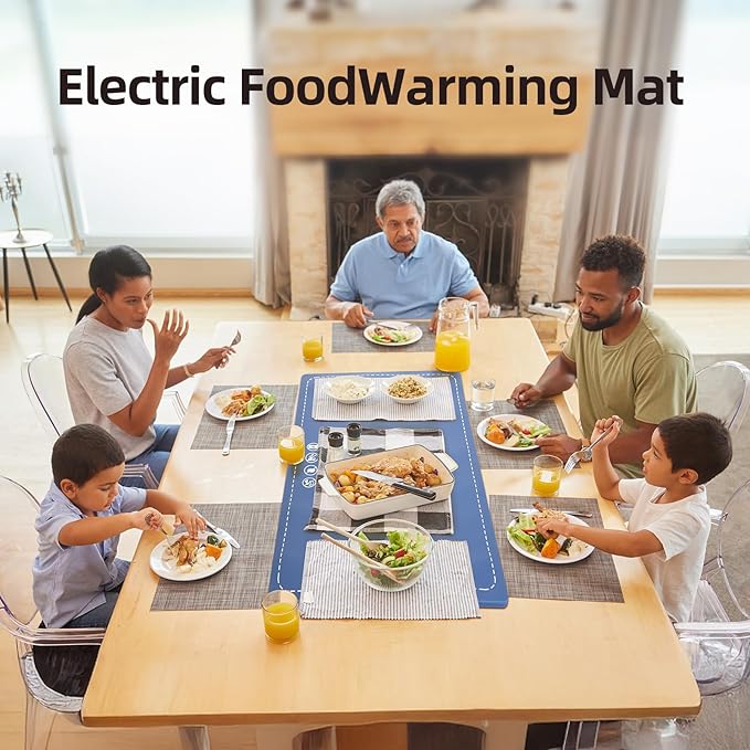 Food Warming Mat Electric Heating Tray for Buffets and Parties 3 Adjustable Temperature Settings from 40 to104 Degrees Fast Heating in 10 Seconds Child Safety Lock Easy to Clean (Blue)