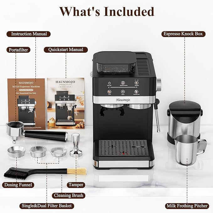 Espresso Machine with Grinder, 20Bar Expresso Coffee Machines with Milk Frother, Professional Compact Stainless Steel Coffee Maker for Espresso, Latte & Cappuccino, Perfect for Home Use