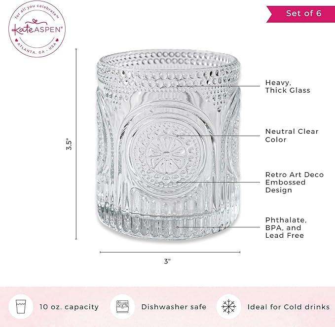 Kate Aspen Ribbed Retro Arch Floral Clear Drinking Glasses Set of 6, (10 oz) Vintage Glassware Set Cocktail Glass Set, Juice Glass, Water Cups | Great Hostess Gift & Gift for New Home Owners