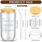 Layhit 24 Set Bulk Thank You Team Gifts Cups for Employees Staff Coworker Christmas Appreciation Gifts Thank You Glass Cups 16 oz Can Shaped Beer Glass with Lids Straws Brushes(Cute Style)