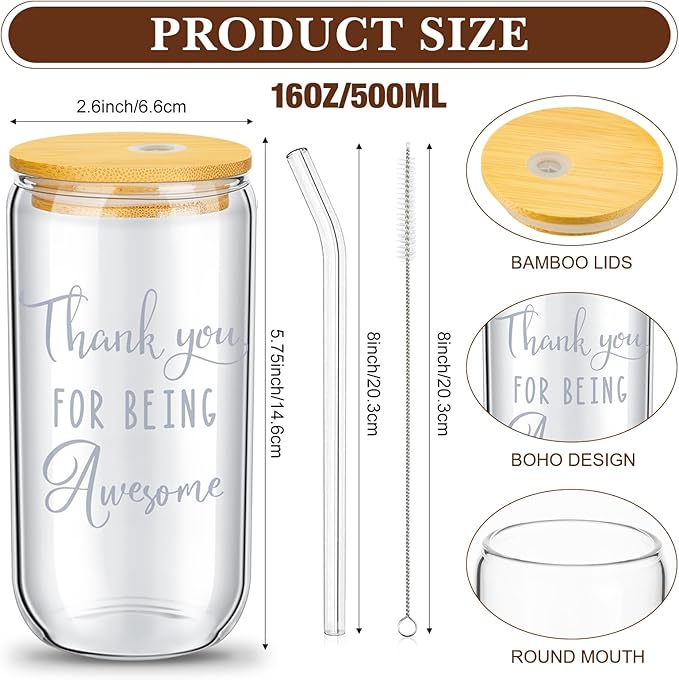 Layhit 24 Set Bulk Thank You Team Gifts Cups for Employees Staff Coworker Christmas Appreciation Gifts Thank You Glass Cups 16 oz Can Shaped Beer Glass with Lids Straws Brushes(Cute Style)