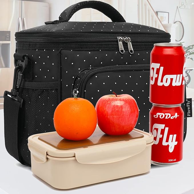 FlowFly Insulated Reusable Lunch Bag Adult Large Lunch Box for Women and Men with Adjustable Shoulder Strap,Front Zipper Pocket and Dual Large Mesh Side Pockets,Dot