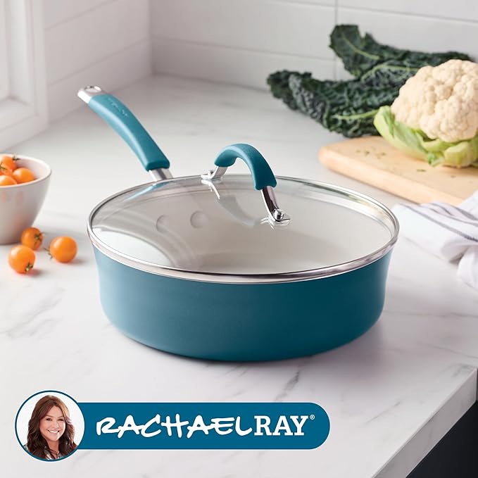 Rachael Ray Cucina Ceramic Nonstick Saute Pan with Lid, 3 Quart Non Stick Sauteuse Pan, Dishwasher Safe - Marine Blue