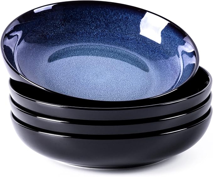 LERATIO Pasta Bowls,Ceramic 38oz Pasta Bowls,9.0" Reactive Glaze Pasta Bowl Set of 4,Microwave & Dishwasher,Oven Safe,Large Wide Serving Bowls for Salad, Dessert,Pizza,Fruit -Blue