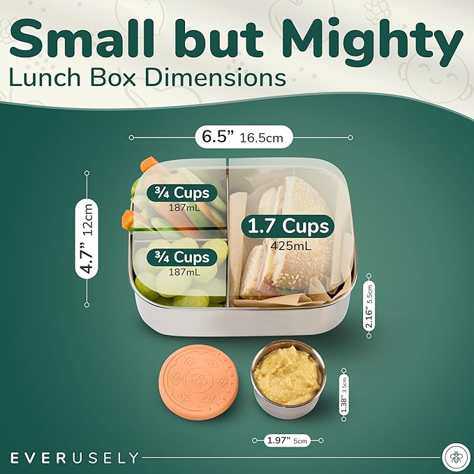 Everusely - Bento Box - Orange, 27oz / 0.8 L - Stainless Steel Lunch Box with Leakproof Condiment Container - 3 Compartment Snack Organizer for On the Go Meals - Freezer & Dishwasher Safe