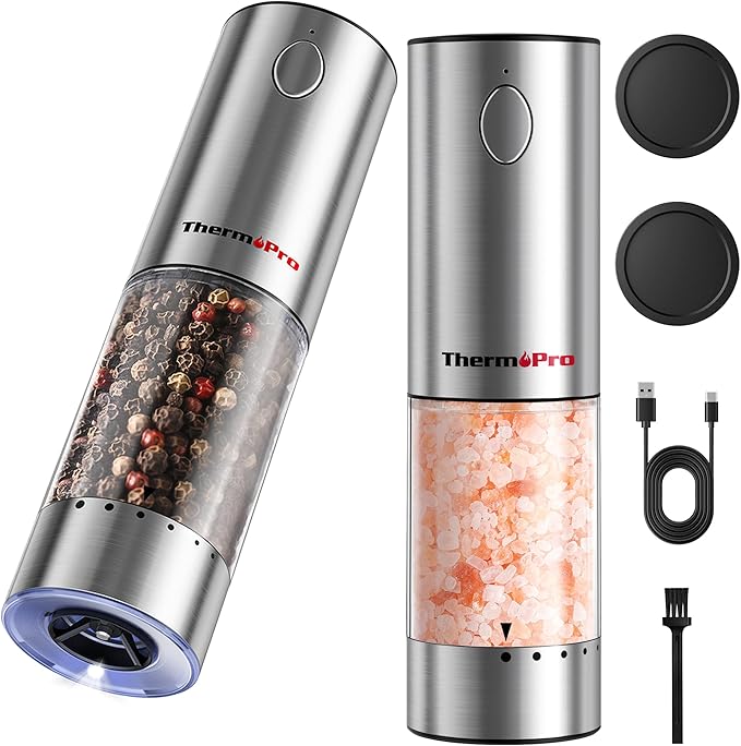 ThermoPro Upgraded Larger Capacity Electric Salt and Pepper Grinder Set, Rechargeable Salt and Pepper Shakers with External Adjustment, Stainless Steel Auto Salt Grinder with Dust Cover & LED lights