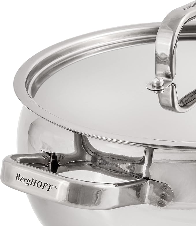 BergHOFF Belly Shape 18/10 Stainless Steel 9.5 inches Stockpot 5.5qt., Metal Lids, Fast, Evenly Heat, Induction Cooktop Ready