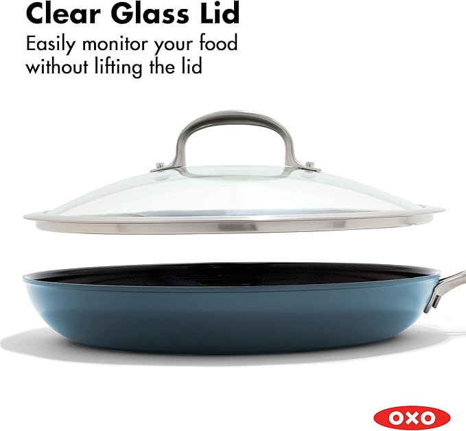 OXO Enhanced 12” Nonstick Frying Pan Skillet with Lid, Ceramic PFAS-Free Cookware, Stainless Steel Handle, Eggs & Omelets, Dishwasher & Oven Safe, Storm Blue