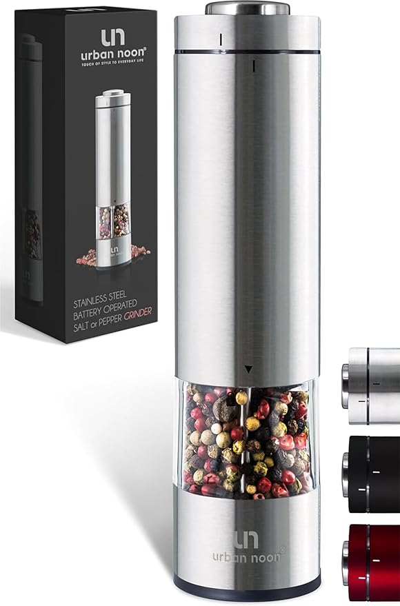 Electric Salt and Pepper Grinder - Battery Operated Stainless Steel Pepper Mill with Light - Automatic One Handed Operation - Electronic Adjustable Shaker - Ceramic Grinder