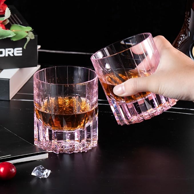 KAMMAK Crystal Whiskey Glasses Set of 2, 7.61 oz (225 ml) Hand Blown Old Fashioned Tumbler, Pink Thick Base Glass with Delicate Rim & Seamless Design for Scotch, Bourbon, Cocktails, Lead-Free Barware