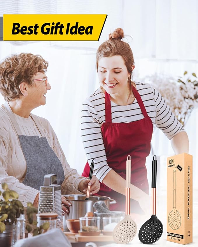 Kitchen Ladle Strainer Set of 2 Large Slotted Spoon with High Heat Resistant BPA Free Non Stick Cooking Skimmers For Draining and Frying