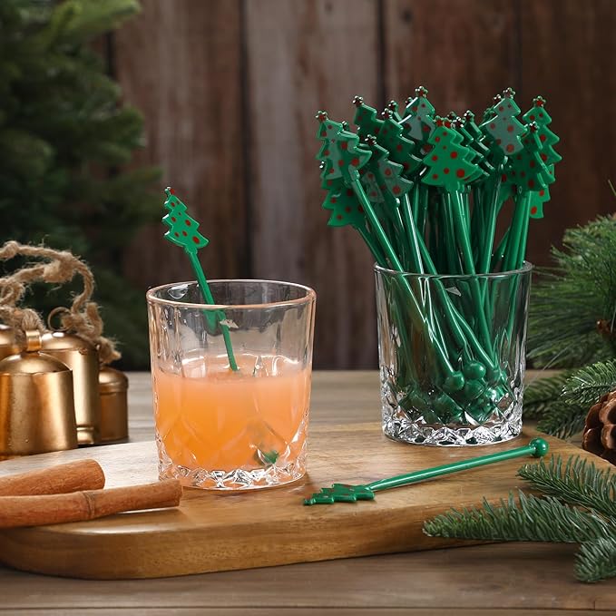 Chengu 100 Pcs Christmas Drink Stirrers Xmas Stir Sticks Bulk Holiday Coffee Stirrers Plastic Swizzle Stick Hot Cocoa Bar Supplies Chocolate Decoration Reusable Cocktail Mixer(Christmas Tree)
