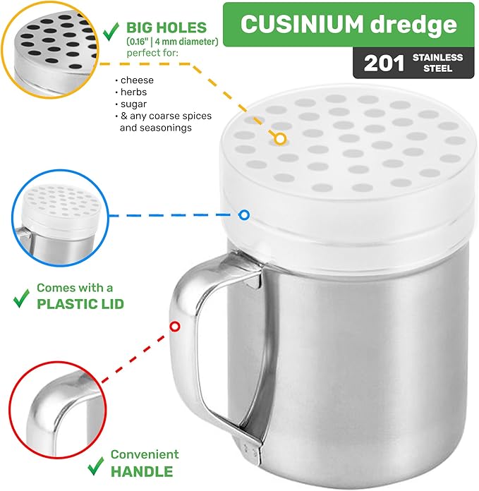 CUSINIUM 6oz Metal Parmesan Cheese Shaker with Large Holes - With Handle - Chili Flakes Dispensers - Pizza Shaker | Style: Coarse