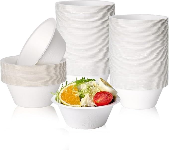 ECOLipak 300 Pack Compostable Paper Bowls, 8 oz Heavy-Duty Disposable Biodegradable Soup Bowls Made of Natural Bagasse, Suitable for Salad, Dessert, Milk, Cereals