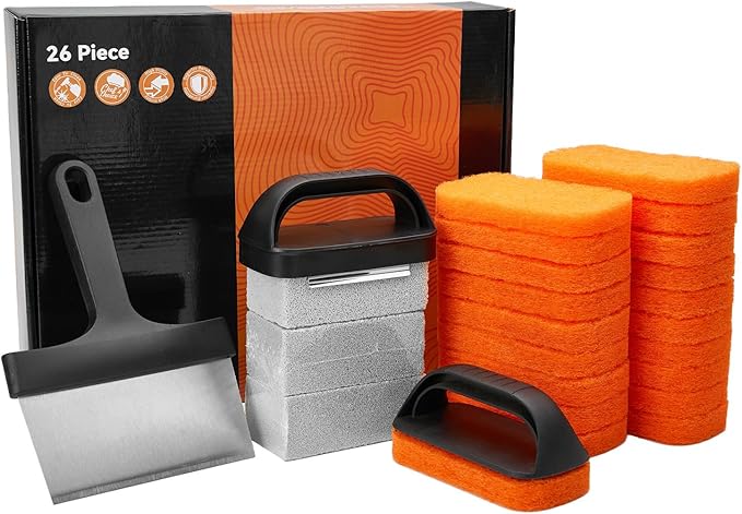 Griddle Cleaning Kit for Blackstone, 26 Pieces Flat Top Grill Accessories Cleaner Tool Set - 1 Scraper, 3 Cleaning Brick, 20 Scouring Pads, and 2 Handles, Easy Cleaning on Hot or Cold Surfaces
