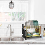 Dish Drying Rack Gold, Multifunctional Dish Racks for Kitchen Counter with Drainboard 2 Tier Dish Drainer Large Capacity for Knifes/Cup/Cutting Board
