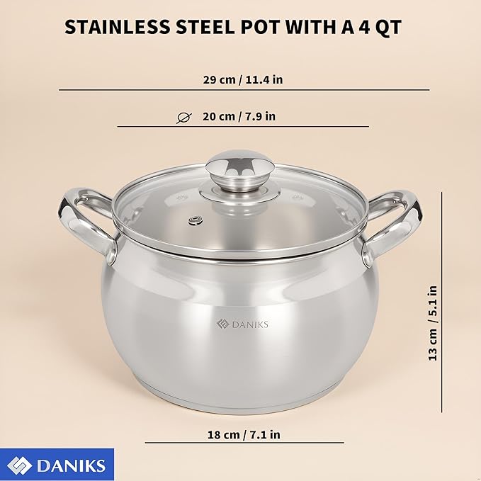 Daniks Classic 4 Quart Stainless Steel Stock Pot with Glass Lid, Tri-Ply Bottom for Even Heating, Induction Compatible, Dishwasher Safe
