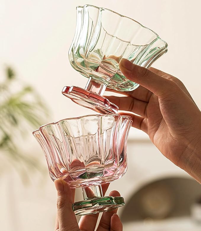 Ice Cream Bowls Drinking Glass Cups Set of 2 (Pink & Green), Flower Petal Style Glasses, 8.5oz, Suitable for Ice cream, Cocktails, Dessert & More.