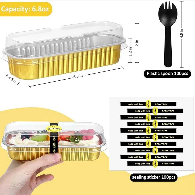 Mini Loaf Pans with Lids and Spoons Sealing Sticker,30 Pcs 6.8oz Cake Pans for Baking Disposable Aluminum Foil Red cake pan (30 PCS GOLD)