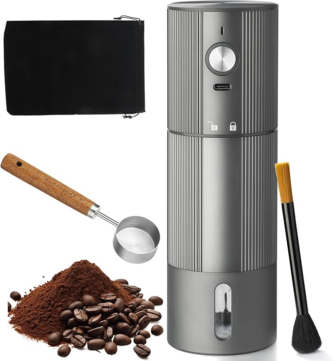 Portable Coffee Grinder Electric Burr Coffee Grinder with 45 Adjustable Settings, Rechargeable Coffee Grinders for Espresso, Travel, Camping and Office (Silver)