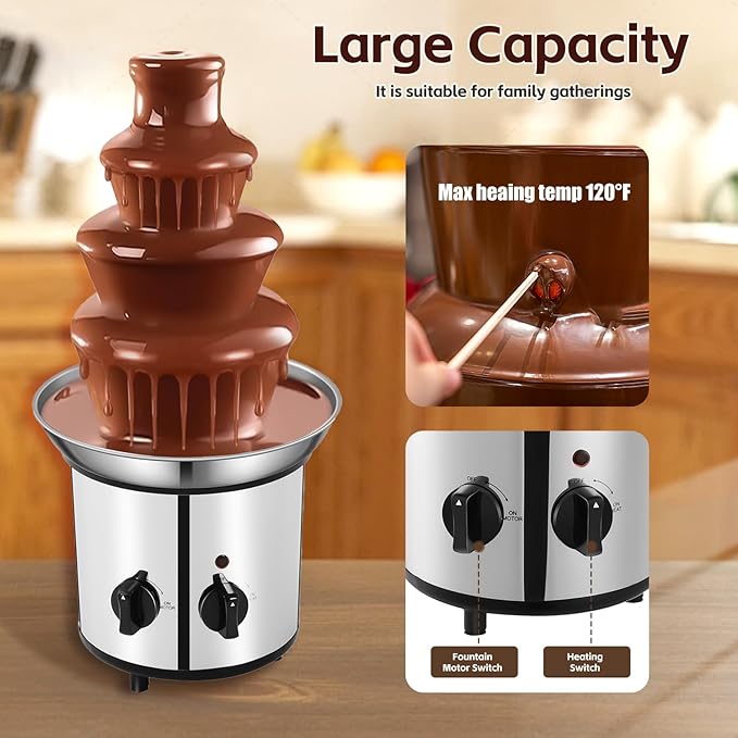 Chocolate Fountain Machine – Electric Stainless Steel Fondue Fountain, 4-Tier, 4-Pound Capacity for Chocolate, Candy, Butter & Cheese, Heated Bowl & Dual Controls