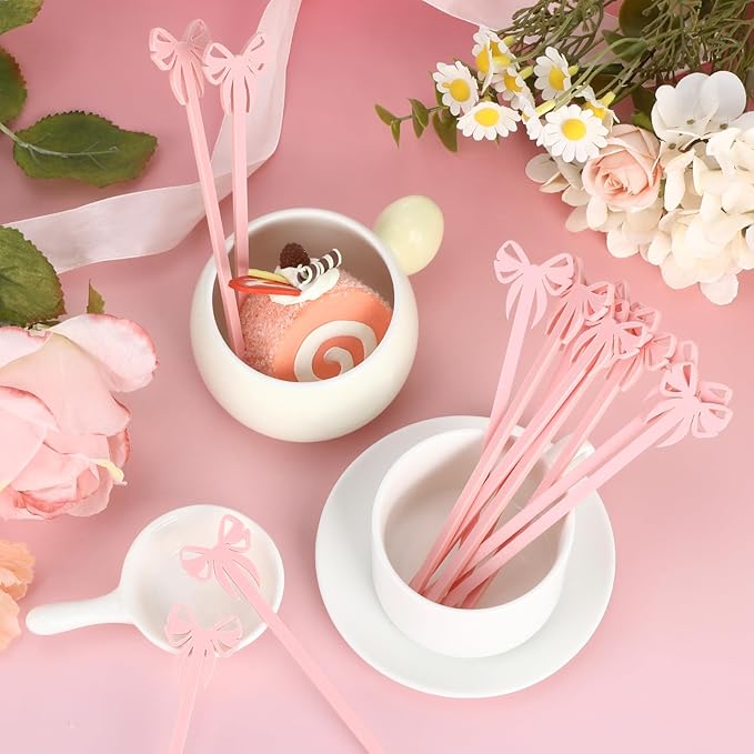 50 Pcs Bow Drink Stirrer, Reusable Acrylic Cocktail Stirrers, 15 cm / 6 in Pink Bow Swizzle Stir Sticks for Cocktails Coffee Bachelorette Party Wedding Festival Decoration