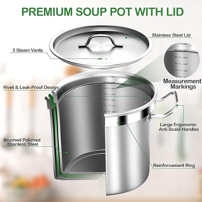 Commercial Grade Large Stock Pot - Soup Pot with Lid - Non-Nickel Stainless Steel - Healthy Cookware Polished Stockpots - Heavy Duty - 35 Quart (8.8Gallon)