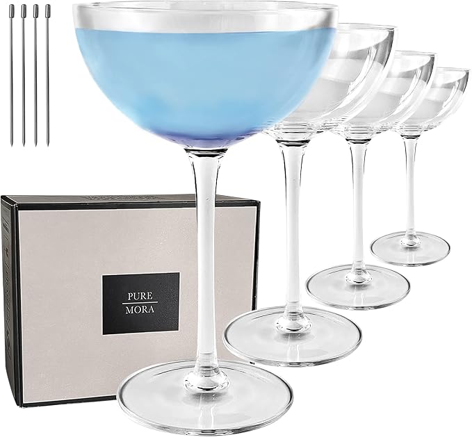 MORA PURE The Lyra Coupe Glass Set of 4, 7oz Handblown Premium Crystal Classic Cocktail Glasses for Martini, Champagne, Mixology, Home Bar, Fancy Margarita, Gin&Tonic, Drinking, etc. For Mixologists