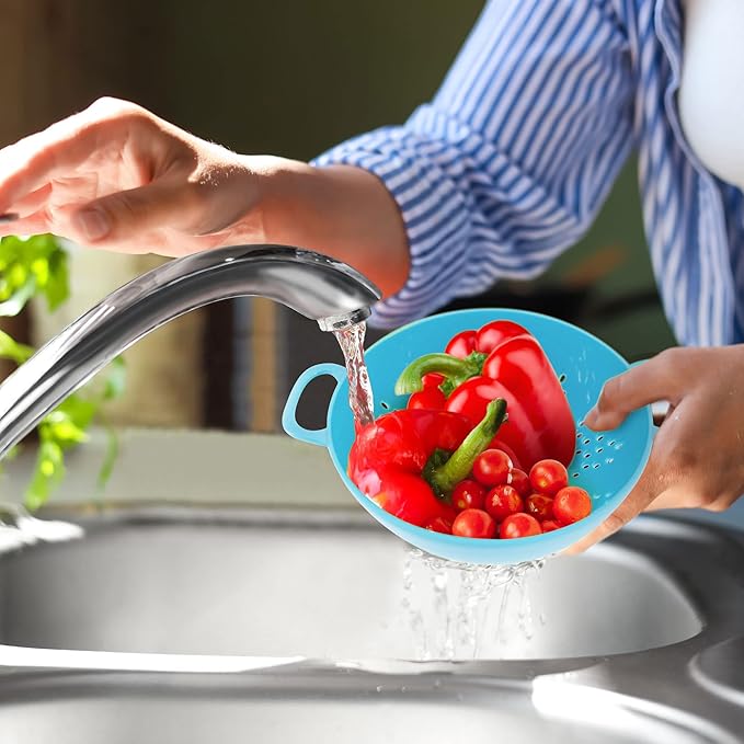 Meadow Lane 6-inch Small Colander, BPA-Free, Dishwasher Safe, Double Handles, Compact Food Strainer for Berries, Veggies and Pasta, 3-Cup Capacity, Light Blue